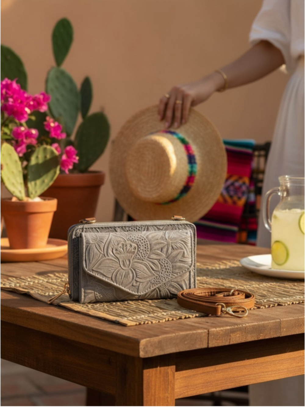 Smokey Gray Grey Brown Sunflower Embossed Artisan LEATHER Crossbody Wallet Bag